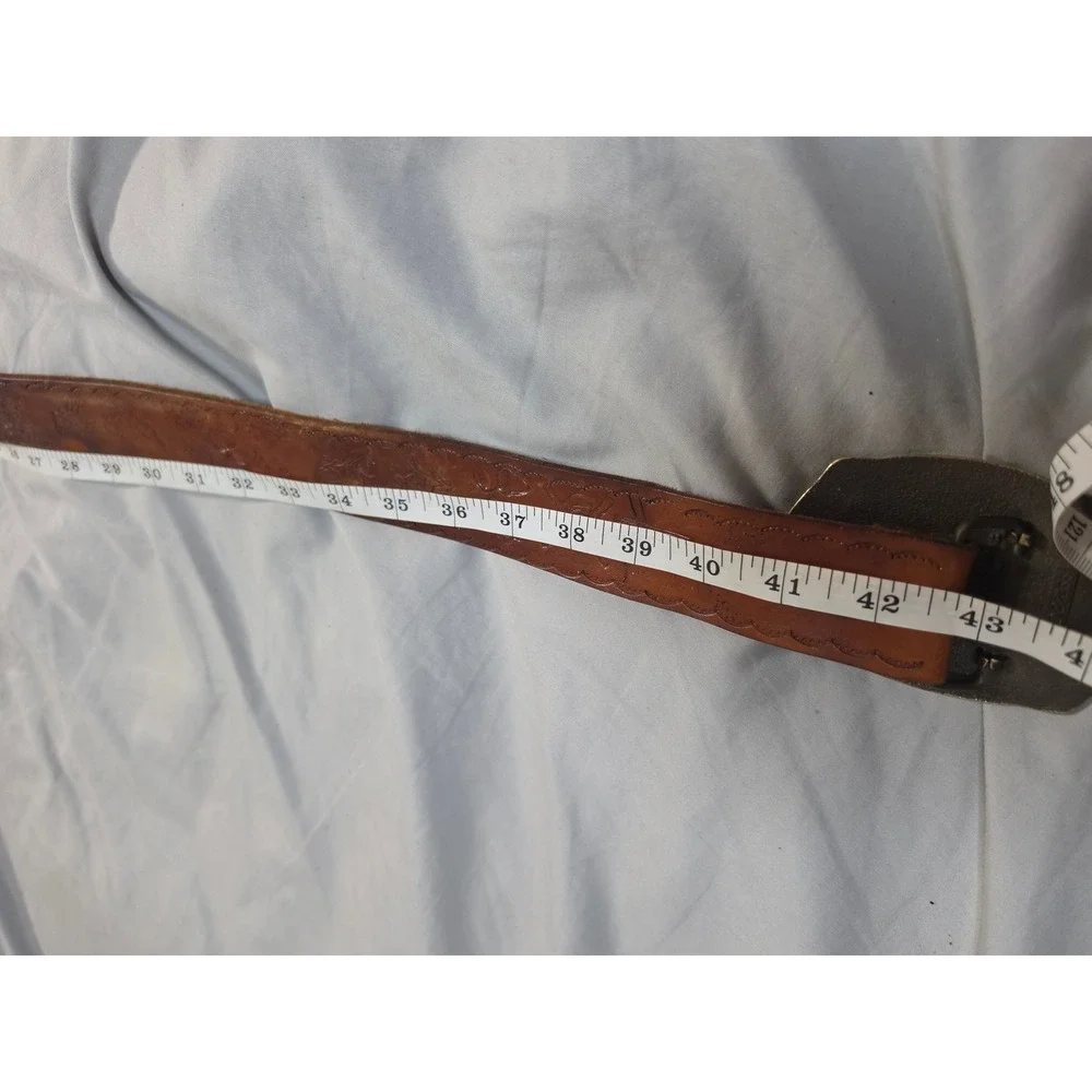 Vintage Award Design Medals Solid Brass Cowboy Buckle Hand Tooled Leather Belt
